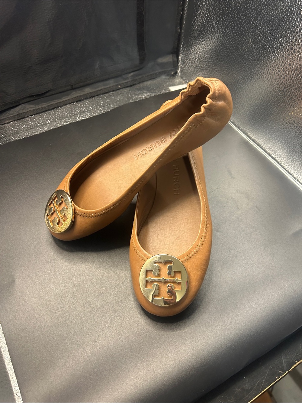 Tory Burch Tan Leather Logo Ballet Flats